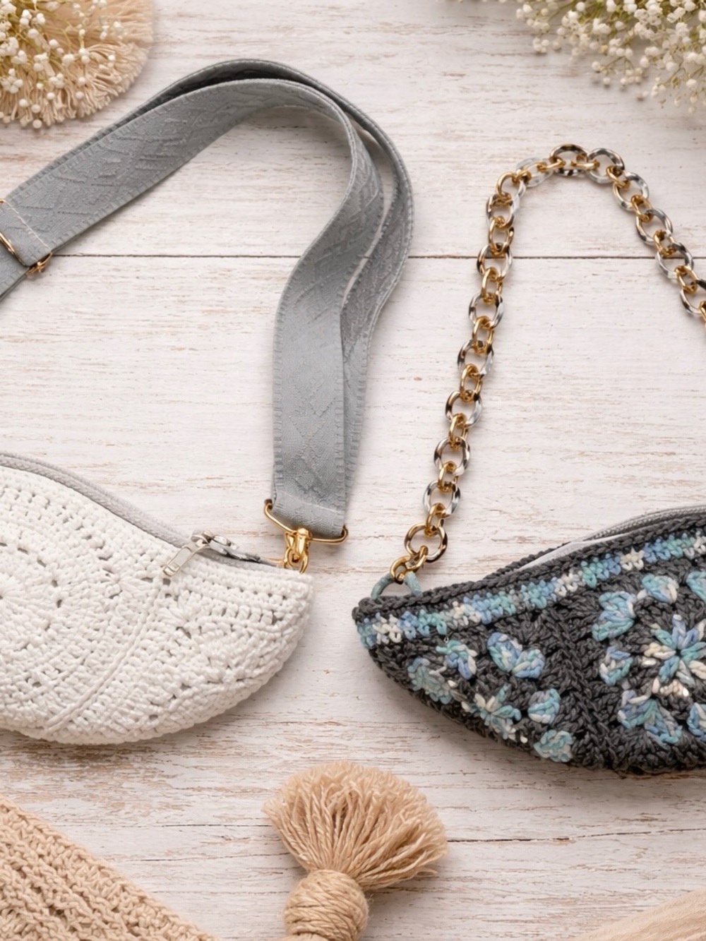 Handmade Crochet Half-Moon Crossbody Bag in Charcoal & Aqua - Picture 3 of 3
